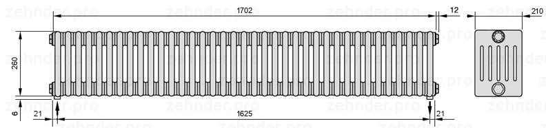 Схема (чертеж) Радиатор Zehnder Charleston 6026/37 №3570 Белый глянцевый RAL 9016